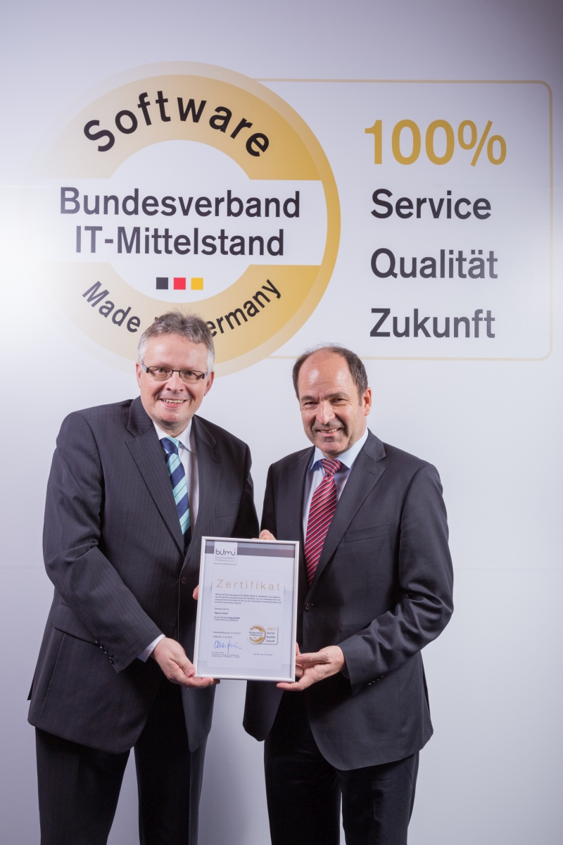 Gütesiegel für Warenwirtschaftshersteller Signum aus Darmstadt: Felix Hochapfel (links) und Martin Hubschneider (rechts), Quelle: BITMi Bundesverband IT-Mittelstand e.V.bonvito - Das Online-Marketinginstrument für Orgasoft.NET & Vectron